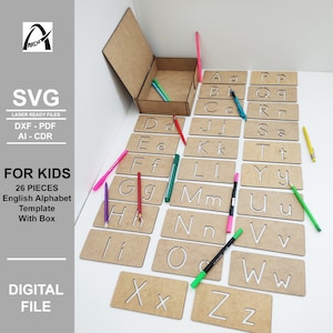 Estêncil do alfabeto inglês infantil - Arquivos digitais prontos para laser - SVG - DXF - PDF - Glowforge - Cricut - Download instantâneo - Modelo de desenho