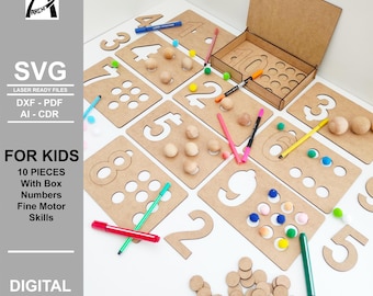 May include: A set of 10 wooden number boards with corresponding wooden circles for counting. The boards are brown and the circles are natural wood. The set includes a wooden box for storing the pieces. The text "FOR KIDS" and "10 PIECES" is printed on the image.