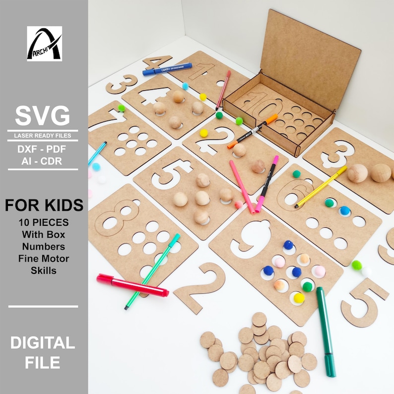 May include: A set of 10 wooden number boards with corresponding wooden circles for counting. The boards are brown and the circles are natural wood. The set includes a wooden box for storing the pieces. The text "FOR KIDS" and "10 PIECES" is printed on the image.