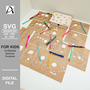 Plantilla de vehículo Montessori - Transporte de dibujos animados - Ejercicio de línea - Archivos digitales listos para láser - SVG - DXF - Juguetes de madera - Glowforge - Fun Kids