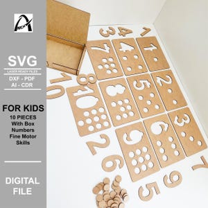 May include: A set of 10 wooden number puzzles for kids. The set includes a box, numbers, and counters. The numbers are cut out and have holes for the counters. The set is designed to help kids learn numbers and develop fine motor skills.