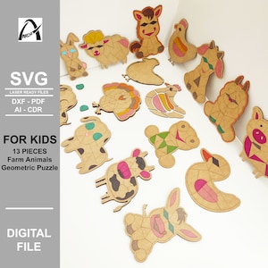 Pacchetto modello puzzle geometrico animali da fattoria - Montessori - File pronti per il laser digitale - SVG - DXF - PDF - Giocattoli in legno - Glowforge -Fun Kids