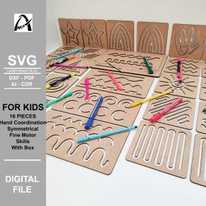 Plantilla simétrica Montessori - Ejercicio de línea reflejada - Archivos digitales - SVG - DXF - Coordinación manual - Glowforge - Habilidades motoras finas