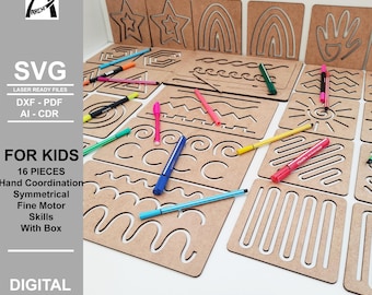 Plantilla simétrica Montessori - Ejercicio de línea reflejada - Archivos digitales - SVG - DXF - Coordinación manual - Glowforge - Habilidades motoras finas