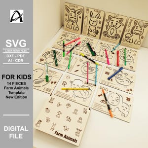 May include: Wooden farm animal templates for kids, featuring outlines of a donkey, rabbit, cat, horse, goat, frog, llama, cow, duck, chicken, pig, sheep, and dog. Includes the text "Farm Animals" and "For Kids".