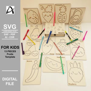 Może przedstawiać: Zestaw drewnianych szablonów owoców dla dzieci, w tym cytryna, winogrono, ananas, awokado, gruszka, wiśnia, banan, mango, granat, arbuz, truskawka, jabłko i malina. Z pudełkiem z napisem "FRUITS" i pisakami.