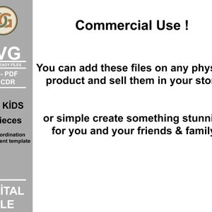 May include: A digital file for commercial use, containing 25 pieces for kids. The file includes SVG, DXF, PDF, AI, and CDR formats. The text "Commercial Use!" is displayed in bold, along with the statement "You can add these files on any physical product and sell them in your store." The text "FOR KIDS" and "25 Pieces" are also displayed.