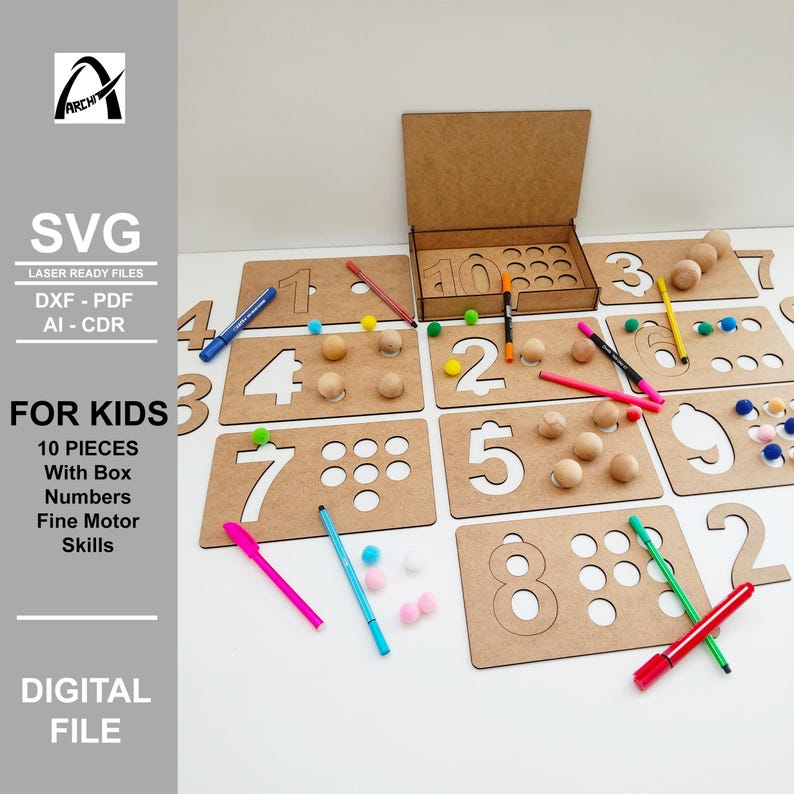 May include: A set of 10 wooden number stencils for kids, with a box for storage. The stencils are cut out in the shape of numbers 1 through 10, with holes for placing small objects like pom-poms or beads. The set includes a box for storing the stencils and a set of colorful markers.