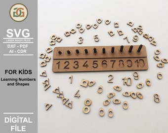 Juego Montessori para niños cortado con láser: clasificador de números y formas (archivo digital)