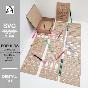 Modelo de jogo infantil Montessori - Exercício de linha - Arquivos digitais prontos para laser - SVG - DXF - Coordenação manual - Glowforge - Habilidades motoras finas