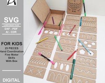 Plantilla de juego Montessori para niños - Ejercicio de líneas - Archivos digitales listos para láser - SVG - DXF - Coordinación manual - Glowforge - Habilidades motoras finas