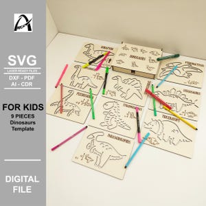 Szablony dinozaurów Montessori - Ćwiczenia liniowe - Cyfrowe pliki gotowe do lasera - SVG - DXF - PDF - Zabawki drewniane - Glowforge - Zabawne dzieci