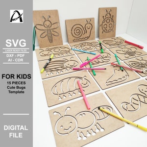 Modelo Montessori Bugs - Inseto fofo - Exercício de linha - Arquivos digitais prontos para laser - SVG - DXF - PDF - Brinquedos de madeira - Glowforge - Fun Kids