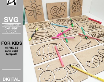 Montessori Bugs Template - Cute Insect - Line Exercise - Digital Laser Ready Files - SVG - DXF - PDF - Wooden Toys - Glowforge - Fun Kids