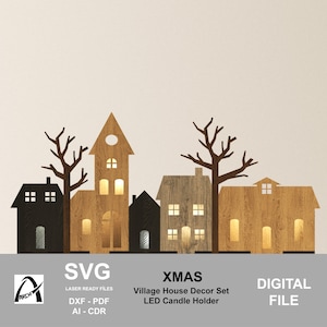 Christmas Village House Decor Set - Led Candle Holder - Digital Laser Ready Files - SVG - DXF - Christmas Night Light - Xmas DIY - Tea Light