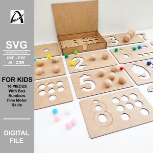 May include: A set of 10 wooden number puzzles for kids, with a box for storage. The numbers are cut out and the child can place the corresponding number of wooden balls in the holes. The set includes numbers 1 through 10.
