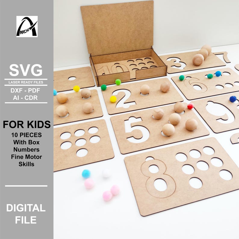 May include: A set of 10 wooden number puzzles for kids, with a box for storage. The numbers are cut out and the child can place the corresponding number of wooden balls in the holes. The set includes numbers 1 through 10.