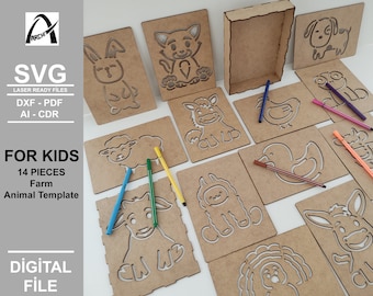 Montessori boerderijdieren sjabloon - lijnoefening - digitale laserklare bestanden - SVG - DXF - PDF - houten speelgoed - Glowforge - Fun Kids