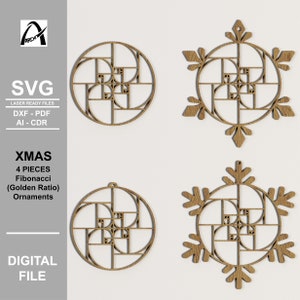 May include: Four laser-cut wooden ornaments featuring a geometric design based on the Fibonacci sequence and the Golden Ratio. Two ornaments are circular and two are snowflake-shaped.