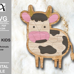 Bauernhof Tiere Kuh Puzzle - Montessori Holz Kinderspielzeug - Digitale Laser Dateien - SVG - DXF - PDF - Glowforge - Line Übung