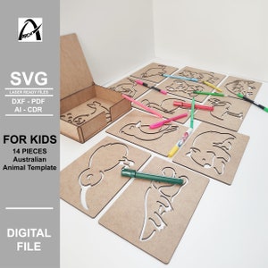 Modello di animali australiani Montessori - Esercizio di linea - File pronti per il laser digitale - SVG - DXF - PDF - Giocattoli di legno - Glowforge - Stencil