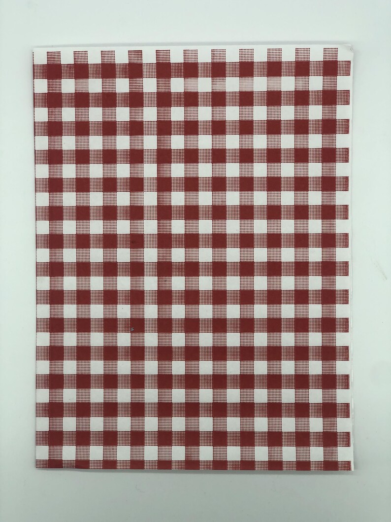 May include: A rectangular sheet of paper with a classic red and white checkered pattern. The pattern consists of evenly spaced squares, creating a traditional picnic table cloth design. The paper is clean and crisp, with a smooth surface.