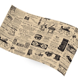 May include: A sheet of tan wrapping paper printed with a vintage newspaper design. The black print includes advertisements, illustrations, and text, giving an antique appearance. The paper is curved, displaying the full pattern.
