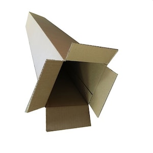 May include: An open, unfolded cardboard box with a triangular shape. The box is made of corrugated cardboard and has a natural brown color. The flaps are partially open, revealing the interior.