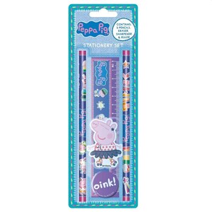 May include: A Peppa Pig stationery set in a teal package. The set includes two pencils, an eraser, a sharpener, and a ruler. The ruler is marked in centimetres. The package has the text "oink!"