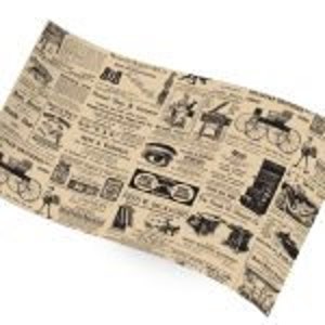 May include: A sheet of wrapping paper with a vintage newspaper print. The paper has a beige background with black illustrations and text, including images of cameras, bicycles, and other antique items.
