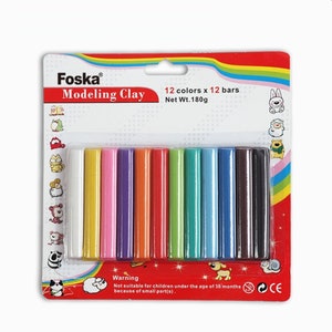 May include: A pack of Foska Modeling Clay, containing 12 colours and 12 bars, with a net weight of 180g. The packaging has a rainbow design and a warning about small parts. The clay sticks are in a variety of colours, including white, yellow, pink, red, and green.