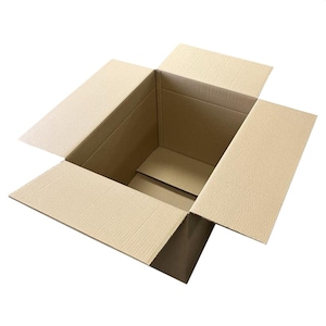 May include: An open, empty cardboard box with the flaps extended. The box is made of corrugated cardboard and has a light brown color. The interior of the box is visible, showing the bottom and side panels.