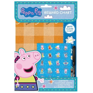 May include: A Peppa Pig reward chart set. The set includes a wipe-clean chart, sticker sheets, and a felt-tip pen. The chart features a pink Peppa Pig character and a blue and orange color scheme. The set is designed for children.