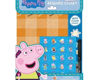 Könnte beinhalten: Ein Peppa Pig Belohnungstafel-Set. Das Set enthält eine abwischbare Tafel, Aufkleberbögen und einen Filzstift. Die Tafel zeigt die rosa Figur Peppa Pig und ein blau-orangenes Farbschema. Das Set ist für Kinder konzipiert.