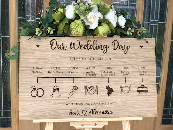 Personalised Wedding Timeline, Oak Engraved Order Of The Day Wedding Sign, Personalised Wedding Itinerary, Custom Rustic Wedding Sign
