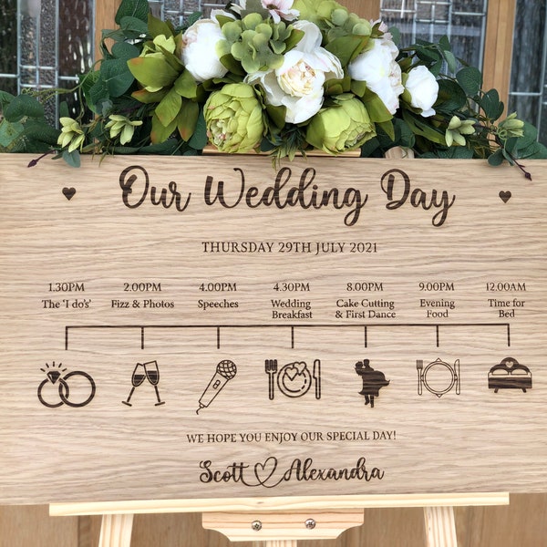 Personalised Wedding Timeline, Oak Engraved Order Of The Day Wedding Sign, Personalised Wedding Itinerary, Custom Rustic Wedding Sign