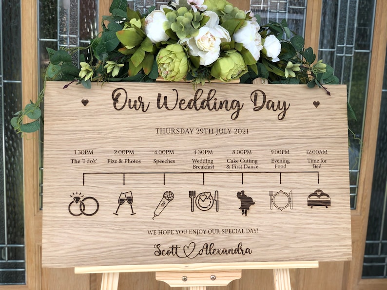 Personalised Wedding Timeline, Oak Engraved Order Of The Day Wedding Sign, Personalised Wedding Itinerary, Custom Rustic Wedding Sign image 1