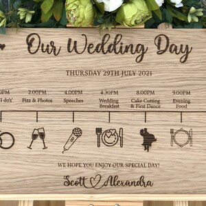 Personalised Wedding Timeline, Oak Engraved Order Of The Day Wedding Sign, Personalised Wedding Itinerary, Custom Rustic Wedding Sign image 2