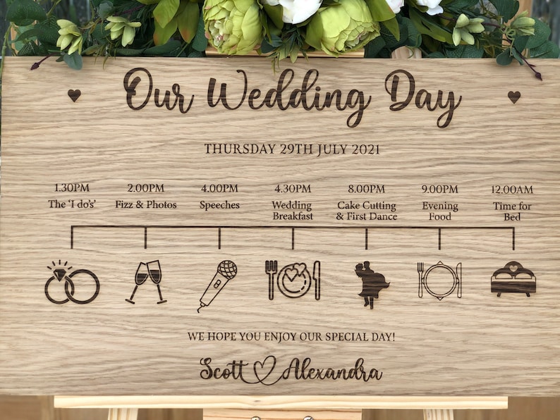 Personalised Wedding Timeline, Oak Engraved Order Of The Day Wedding Sign, Personalised Wedding Itinerary, Custom Rustic Wedding Sign image 2