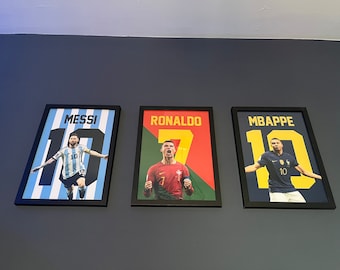 3 x A4 wall art poster prints Messi - ronaldo - mbappe football legends bedroom decor - personalised football boys bedroom girls bedroom