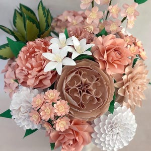 Soft Peach, Blush Pink and White Paper Floral Arrangement- Hosta, Dahlia, Blooming Roses - One Year Anniversary Gift for Wife