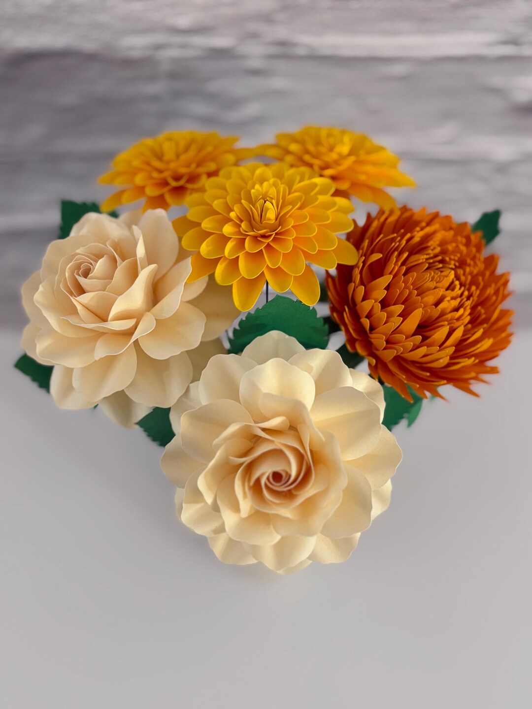 Ivory Button Mums Ivory Roses, Yellow Mums and Burnt Orange Chrysanthemum Paper Bouquet ...