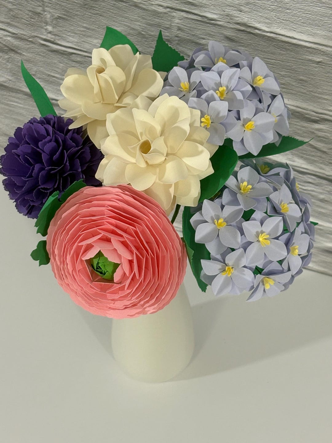 Pink Ranunculus Blue Pink Ranunculus, Blue Hydrangeas and Purple Carnation Bouquet ...