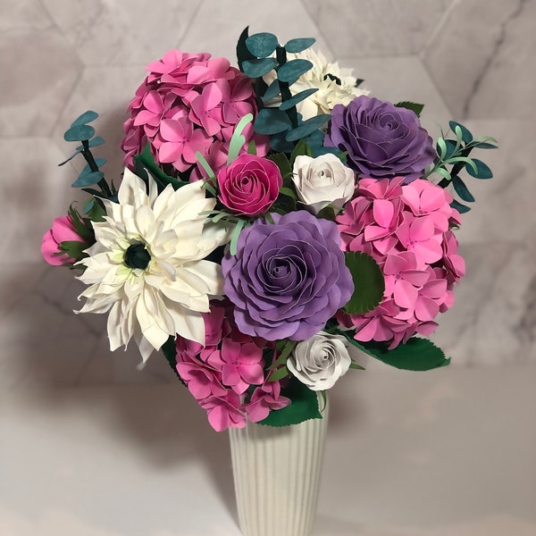 Paper Flower Bouquet White Dahlias Purple Roses Pink Hydrangeas fake flowers, care package for her, self care gift box, master bedroom decor