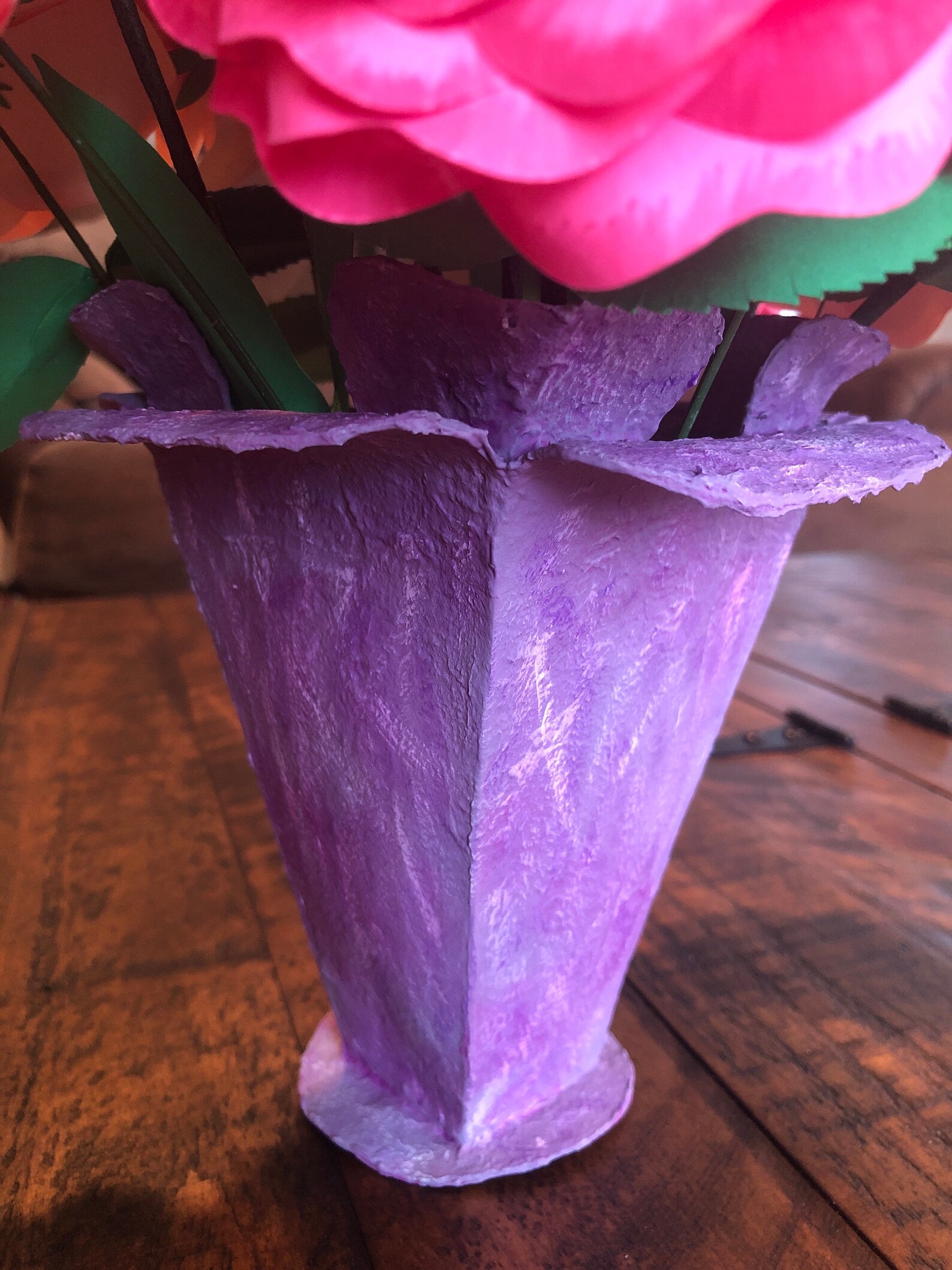 Paper Mache Purple Flower Vase With Pink Peach and Cream Paper Etsy