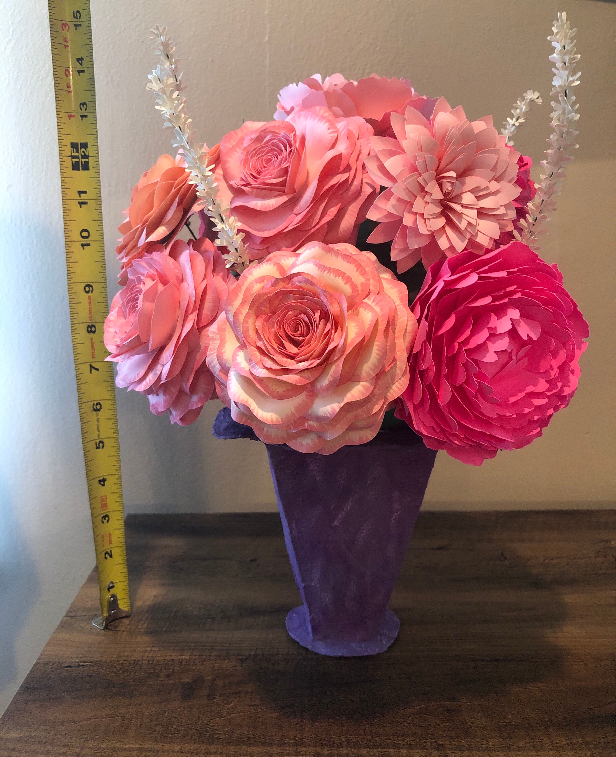 Paper Mache Purple Flower Vase With Pink Peach and Cream Paper Etsy