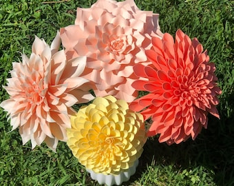 Hand Painted Dahlia Paper Flower Bouquet, Peach Salmon Yellow, Anniversary Gift, Housewarming Decor, Paper Anniversary, Paper Art