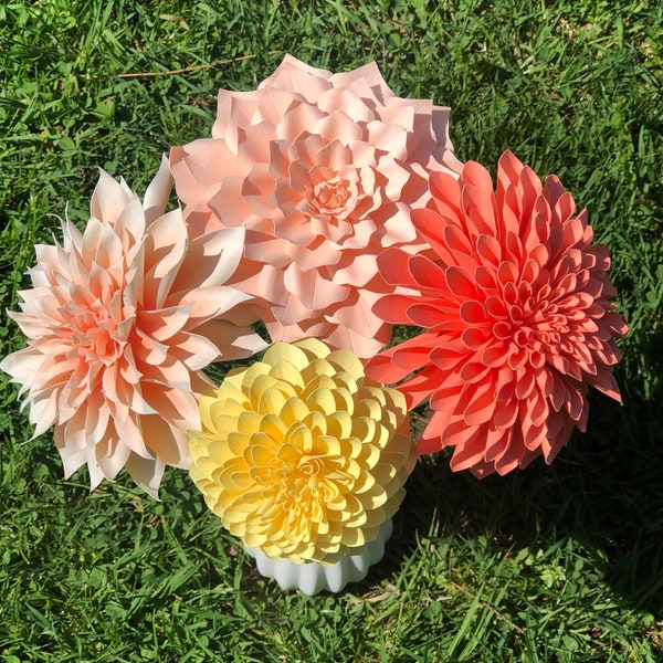 Hand Painted Dahlia Paper Flower Bouquet, Peach Salmon Yellow, Anniversary Gift, Housewarming Decor, Paper Anniversary, Paper Art