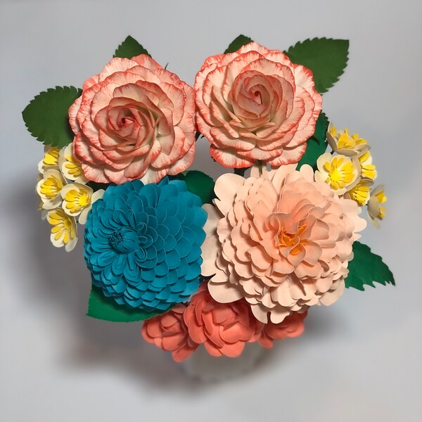 Handmade Paper Flower Bouquet Teal Dahlia Peach Peony Hand Painted Roses fake flowers, 1st anniversary gift, our first home decor, boss lady