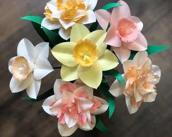 Handmade Daffodil Bouquet Yellow Peach Ivory, Paper Flower Home Decor, Wedding Bouquet, Personalized Gift